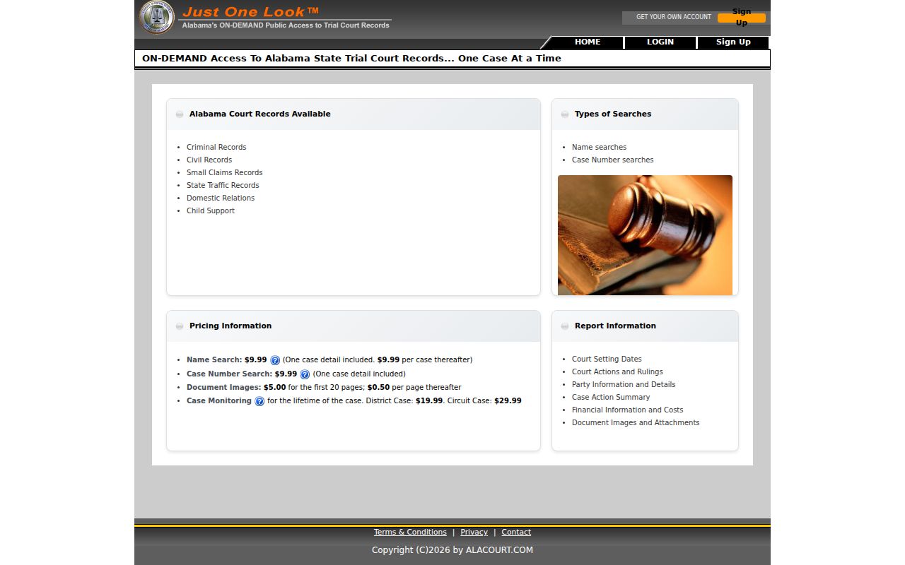 AlacourtACCESS Just One Look statewide Alabama trial court search page