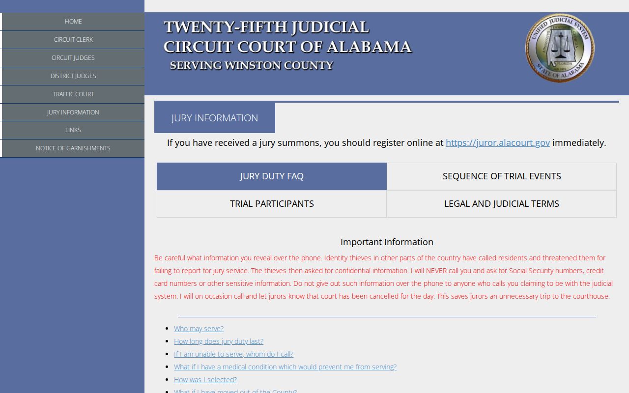 Winston County official jury information and Circuit Court overview