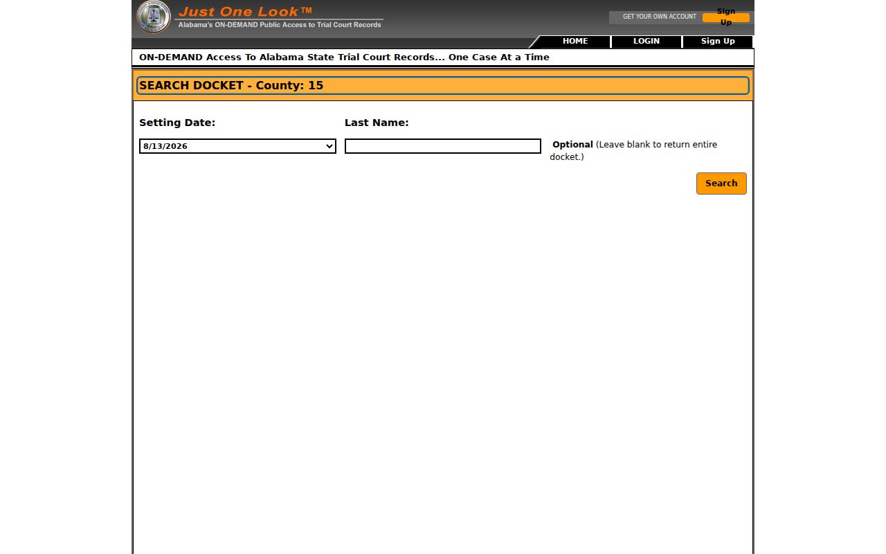 Winston County location 15 Search Docket date and last-name form