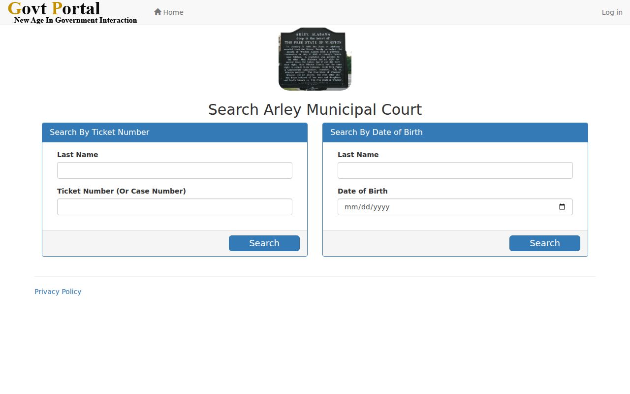 Arley court docket ticket and case number search fields